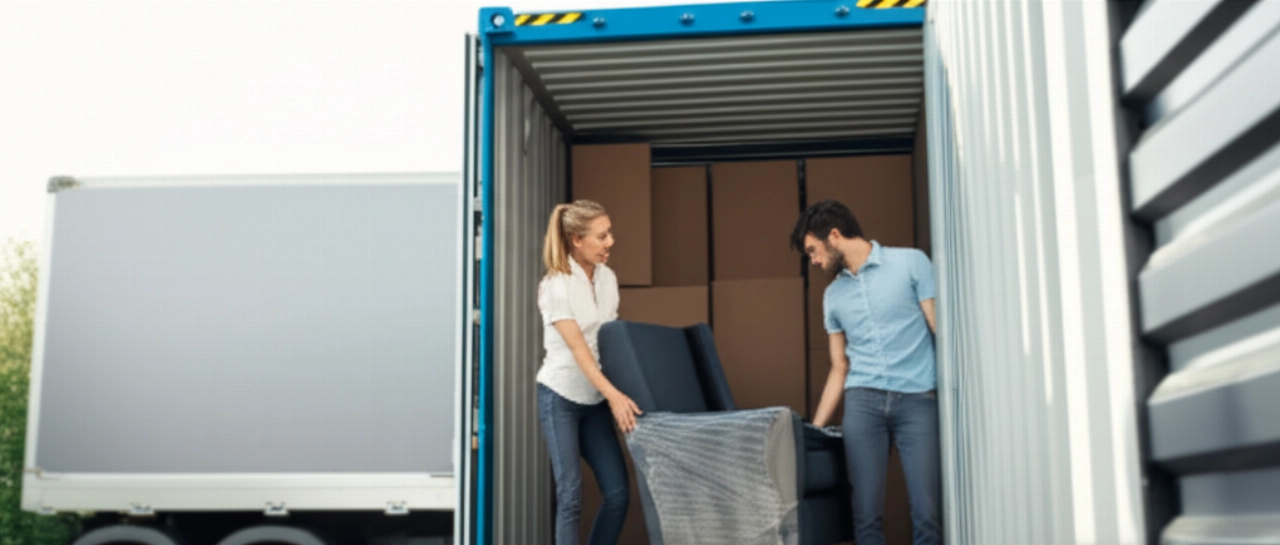 Pareja caucásica colocando cuidadosamente un sillón bien embalado en un contenedor de almacenamiento moderno, destacando la facilidad y seguridad del traslado de muebles.