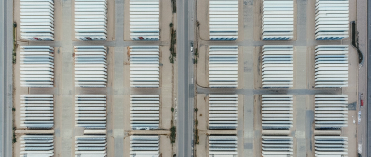 Vista aérea hiperrealista de un vasto y meticulosamente organizado complejo de almacenamiento de contenedores, mostrando una gran capacidad y logística eficiente.