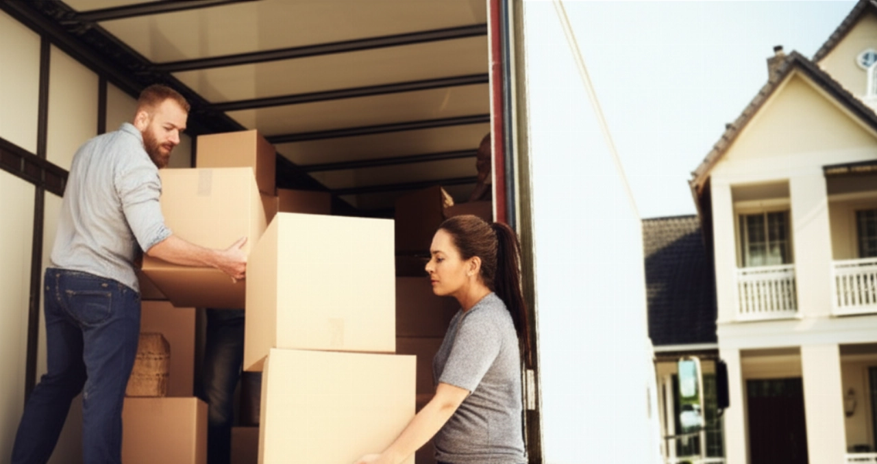 A team of Caucasian movers loads boxes onto a modern moving truck parked in front of a suburban house on a sunny day, with hyperrealistic details.