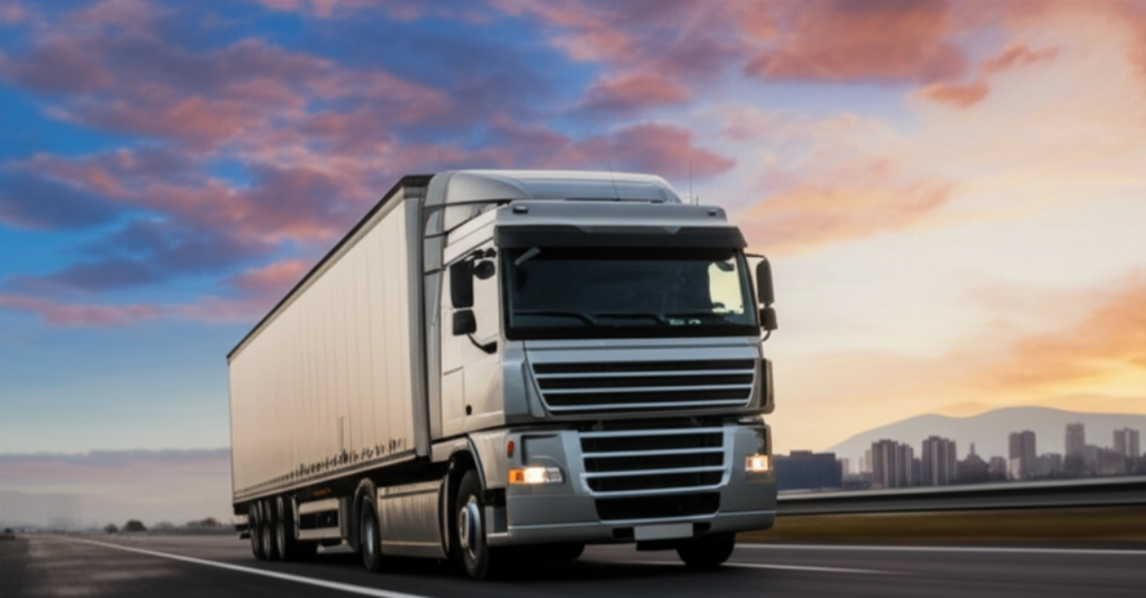 A large, modern moving truck drives on a highway at sunset, with a dramatic sky and a mountain or city skyline in the background, in a hyperrealistic style.