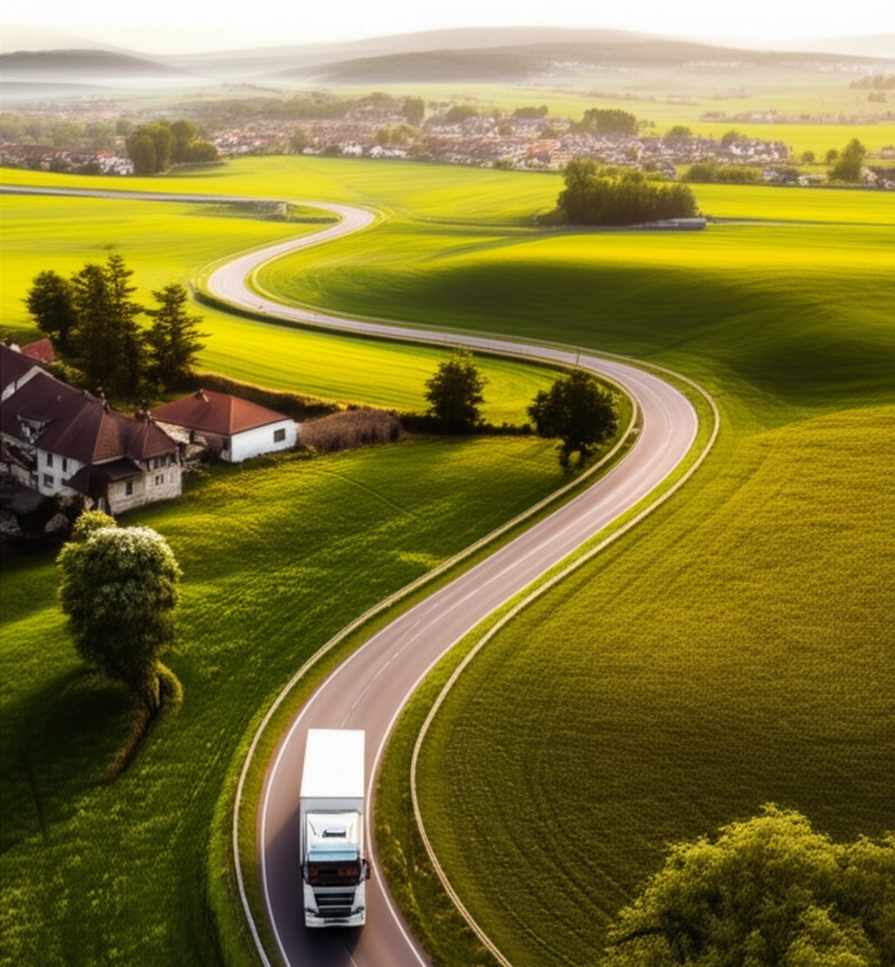 Hyperrealistic aerial view of a solitary moving truck driving on a winding road through a lush landscape or a quiet town, symbolizing a journey.