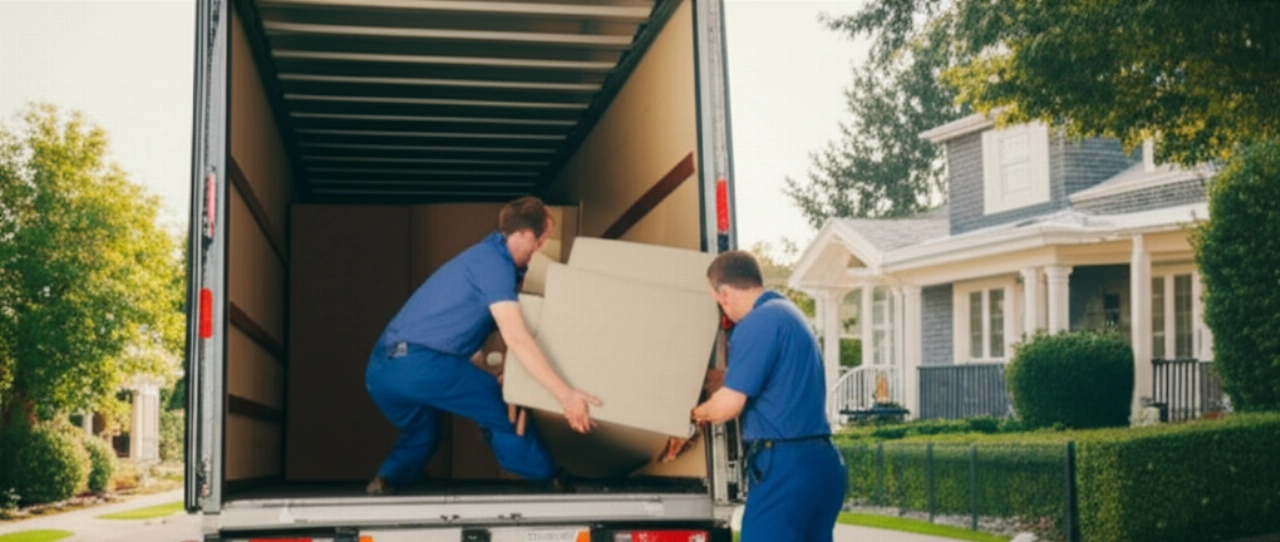 Due traslocatori professionisti caucasici caricano mobili su un camion in una tranquilla strada residenziale.