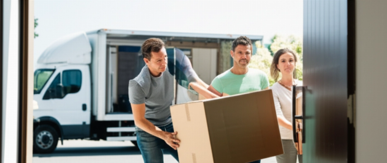 A Caucasian family carefully carrying a box into a new home, with a professional moving truck in the background, symbolizing an efficient and stress-free relocation.