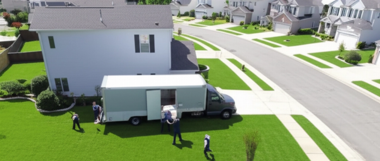 Aerial view of a professional moving truck parked in front of a house in a suburban neighborhood, with movers loading furniture, highlighting organization and professionalism.