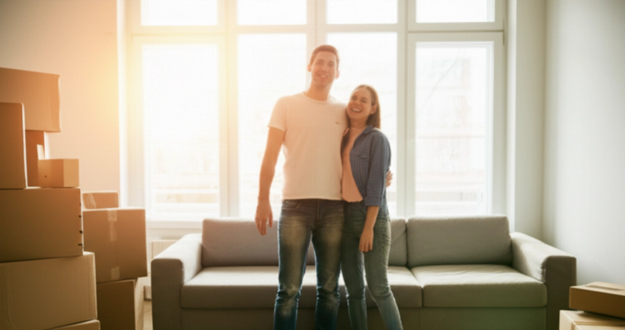 A smiling and relaxed Caucasian couple in their new living room, surrounded by neatly organized moving boxes, representing the joy and satisfaction of a successfully completed move.