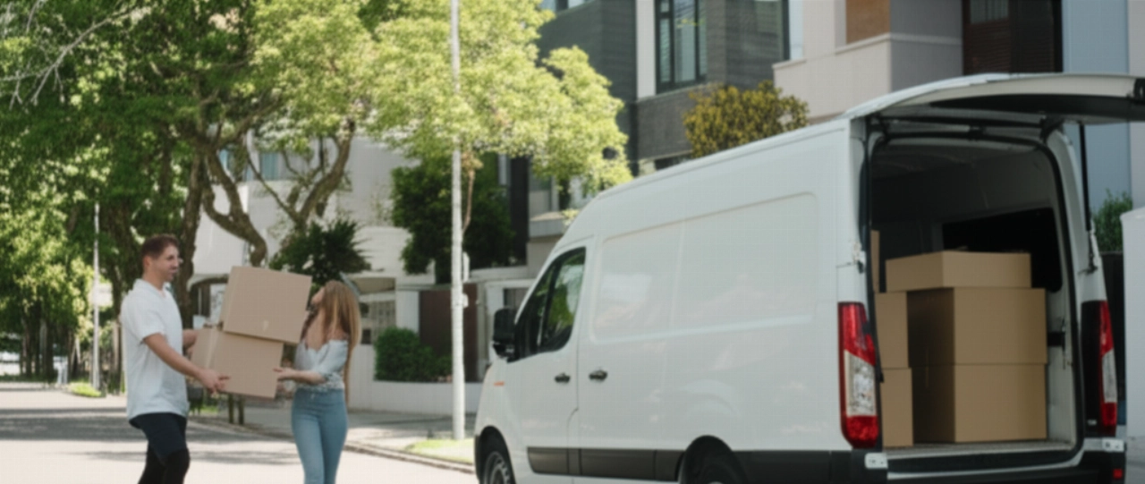 Kaukasisches Paar lädt Kartons in einen kleinen, modernen, markenlosen weißen Umzugswagen, der in einer sonnigen Wohnstraße geparkt ist.