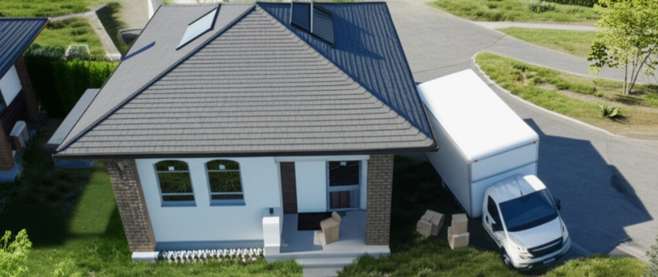 Hyperrealistische Luftaufnahme eines kleinen, markenlosen weißen Umzugswagens, der vor einem modernen Haus in einem grünen Viertel geparkt ist.