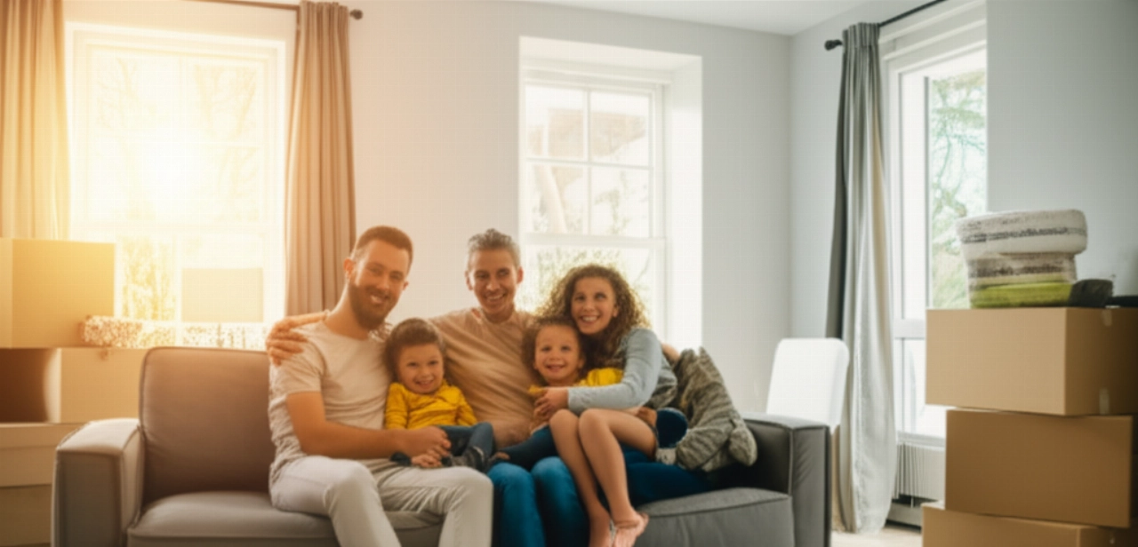 Famiglia caucasica felice e rilassata nel soggiorno della loro nuova casa dopo il trasloco.
