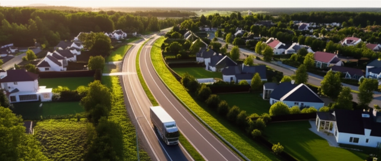 Vista aerea iperrealistica di un camion di traslochi senza logo su un'autostrada panoramica.