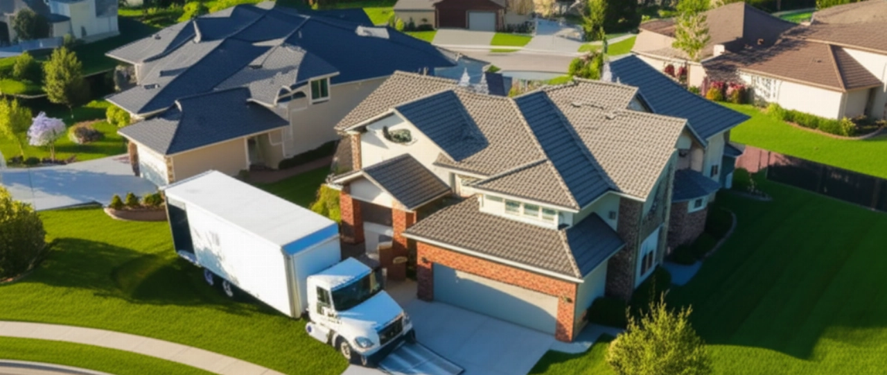 Hyperrealistic aerial view of a professional moving truck parked in front of a modern single-family home in a suburban neighborhood, with meticulous details of roofs and gardens.