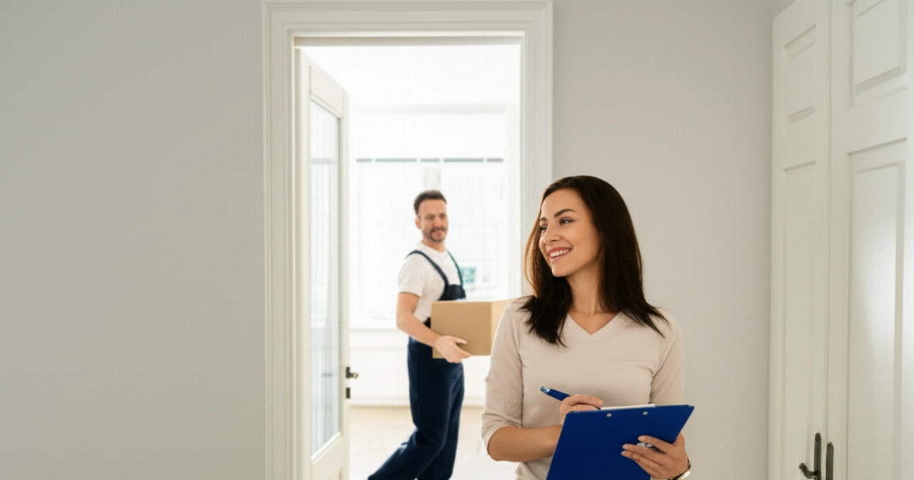 A professional Caucasian mover and a satisfied client in a bright, newly emptied living room, symbolizing the successful completion of a move, with sunlight streaming in.