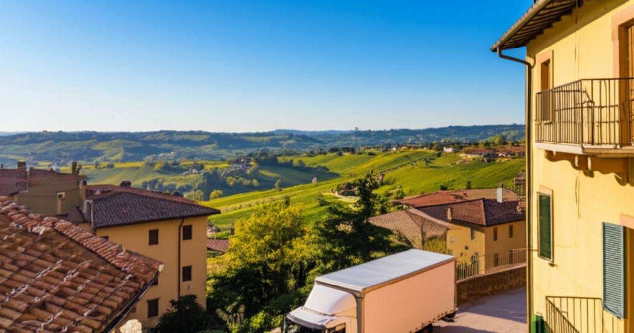 Hyperrealistic aerial view of a moving truck parked in a picturesque Asti neighborhood, with vineyards and Piedmontese architecture in the background, under a clear sky.