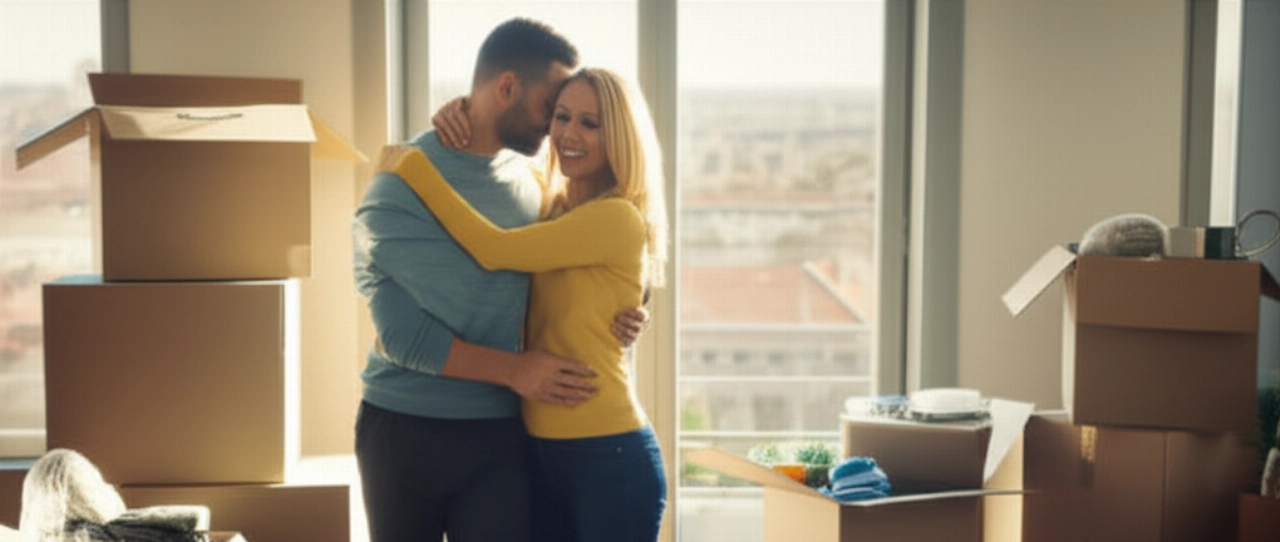 Happy Caucasian couple embracing in their new living room in Asti, surrounded by partially unpacked moving boxes, symbolizing the joy of a successfully completed relocation.