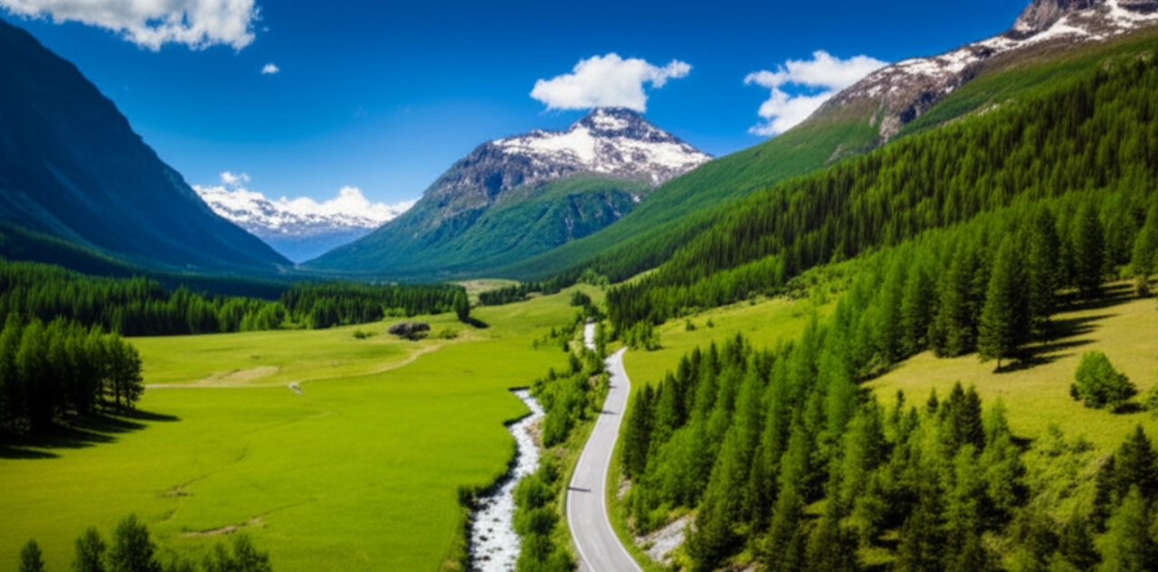 Hyperrealistische Luftaufnahme eines modernen Umzugswagens auf einer malerischen Alpenstraße durch die österreichischen Alpen.