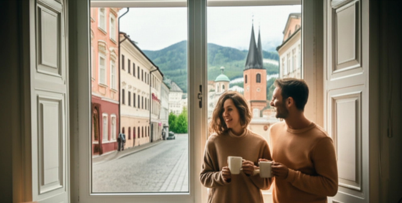 Glückliches kaukasisches Paar, das von ihrer neuen Wohnung aus eine malerische österreichische Straße bewundert, mit teilweise ausgepackten Kartons.