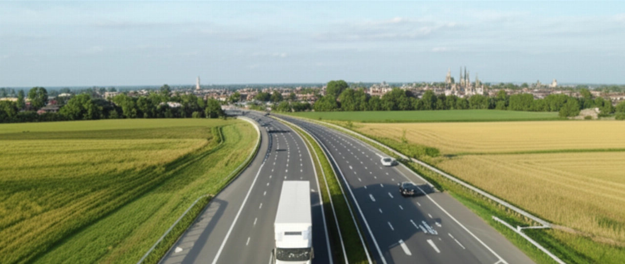 Vista aérea hiperrealista de un camión de mudanzas conduciendo por una autopista a través del campo belga hacia una ciudad.
