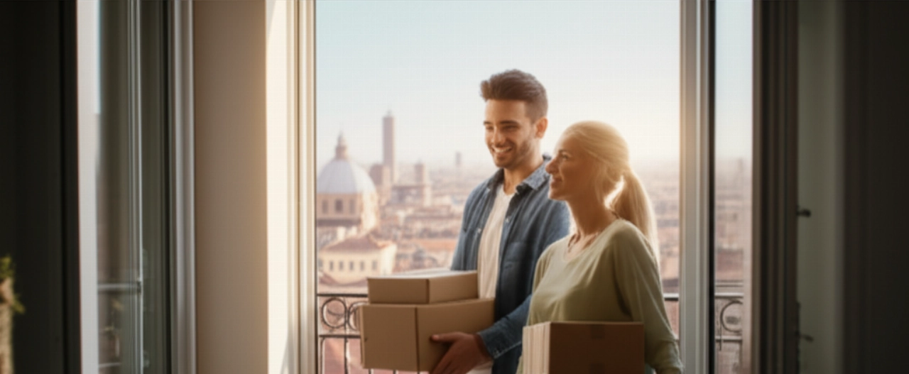 Happy Caucasian couple in a new Bologna apartment, with an aerial view of the city.