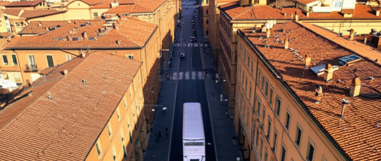 Hyperrealistic aerial view of a moving truck driving through a historic Bologna street.