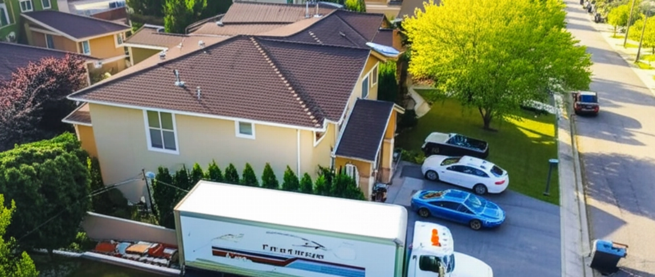 Hyperrealistic aerial view of a residential neighborhood with a moving truck parked in front of a large house, showcasing the scale of the move.
