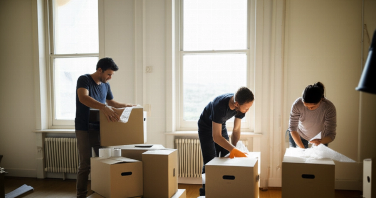 A Caucasian couple packing boxes in a bright, modern living room in a Como apartment, with natural light streaming through the windows.