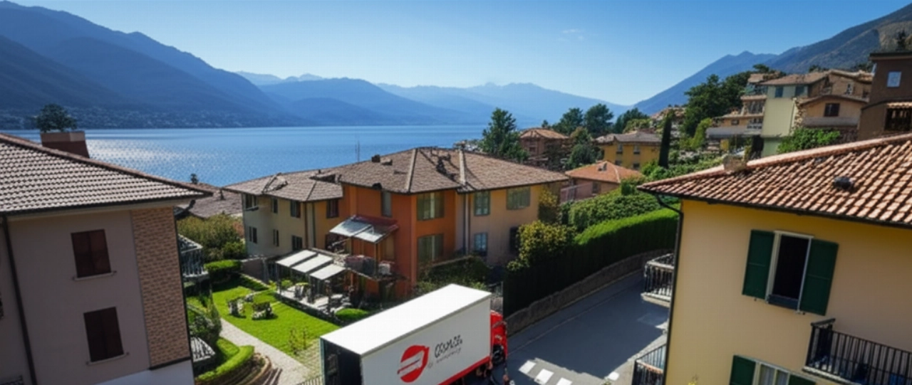 Hyperrealistic aerial view of a residential area in Como with a moving truck and two movers, featuring Lake Como and the Alps in the background.