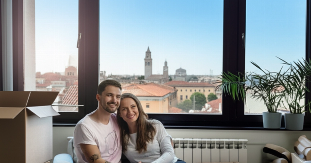 Happy and relaxed Caucasian couple in their new apartment in Ferrara, with a view of the city's rooftops.