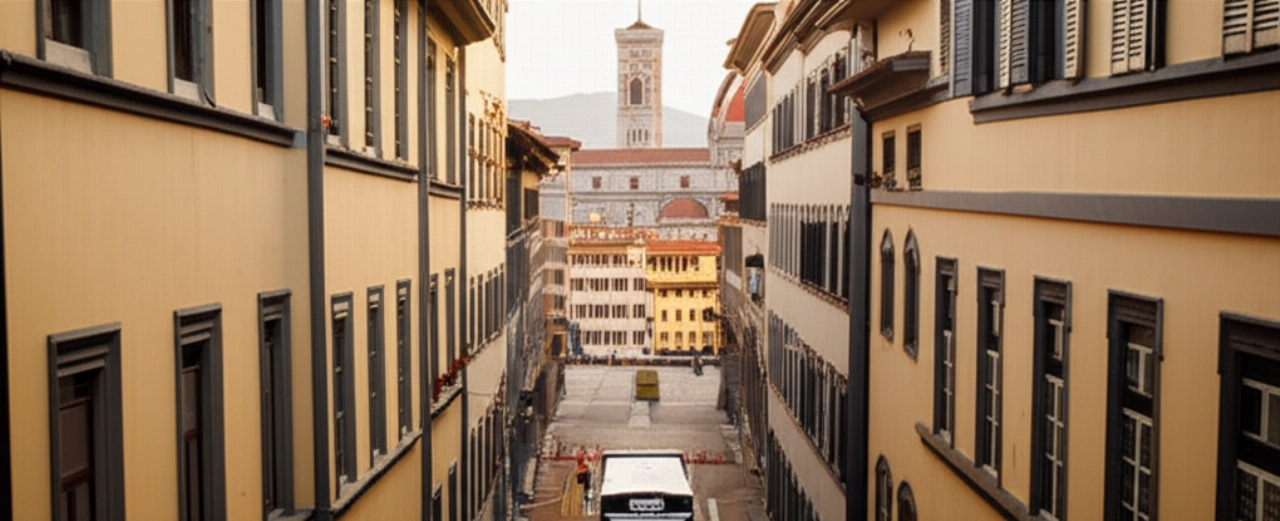 Hyperrealistic aerial view of a moving truck navigating a narrow historic street in Florence, with the Duomo and other Renaissance buildings visible in the background. The scene highlights the precision of the service in a historic urban environment.