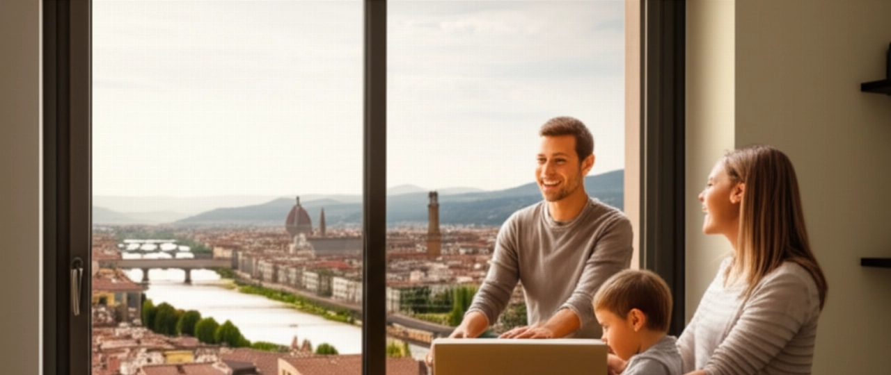 Hyperrealistic image of a happy Caucasian family in their new apartment in Florence, with a panoramic view of the city, including the Arno River and Ponte Vecchio. The image conveys the joy of a stress-free move.
