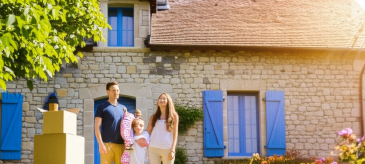 Glückliche kaukasische Familie vor ihrem neuen französischen Zuhause, Symbol eines erfolgreichen Umzugs.