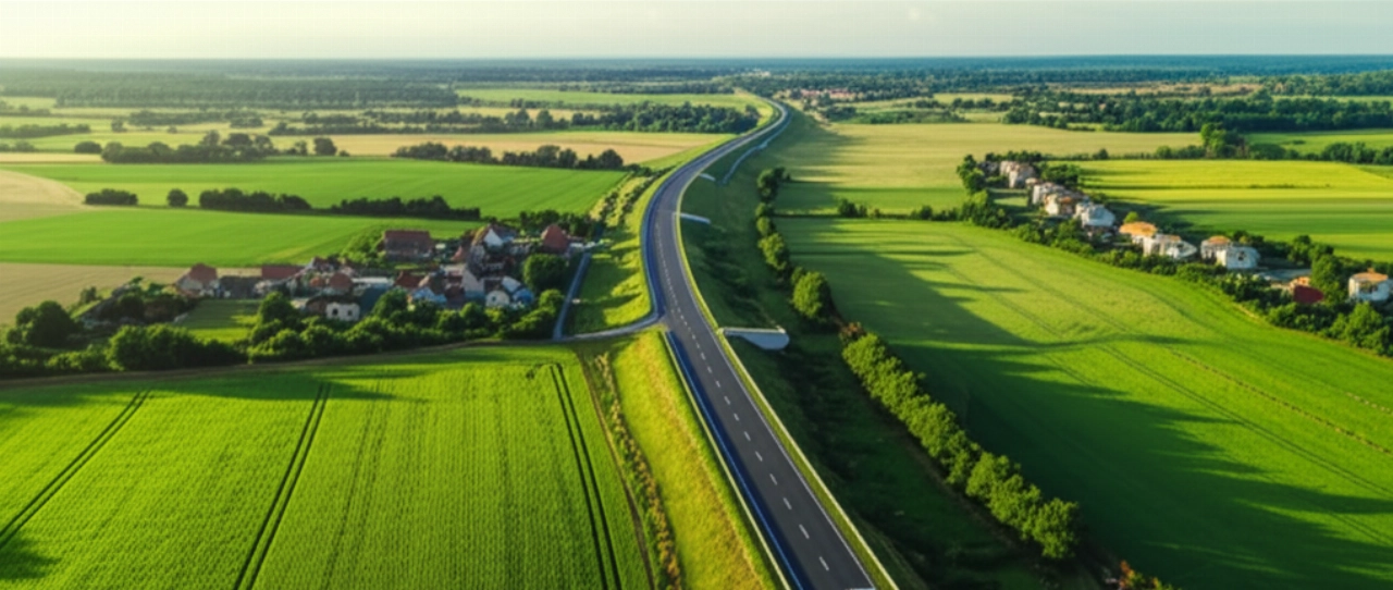 Atemberaubende Luftaufnahme eines Umzugswagens, der eine malerische Straße durch die französische Landschaft befährt.