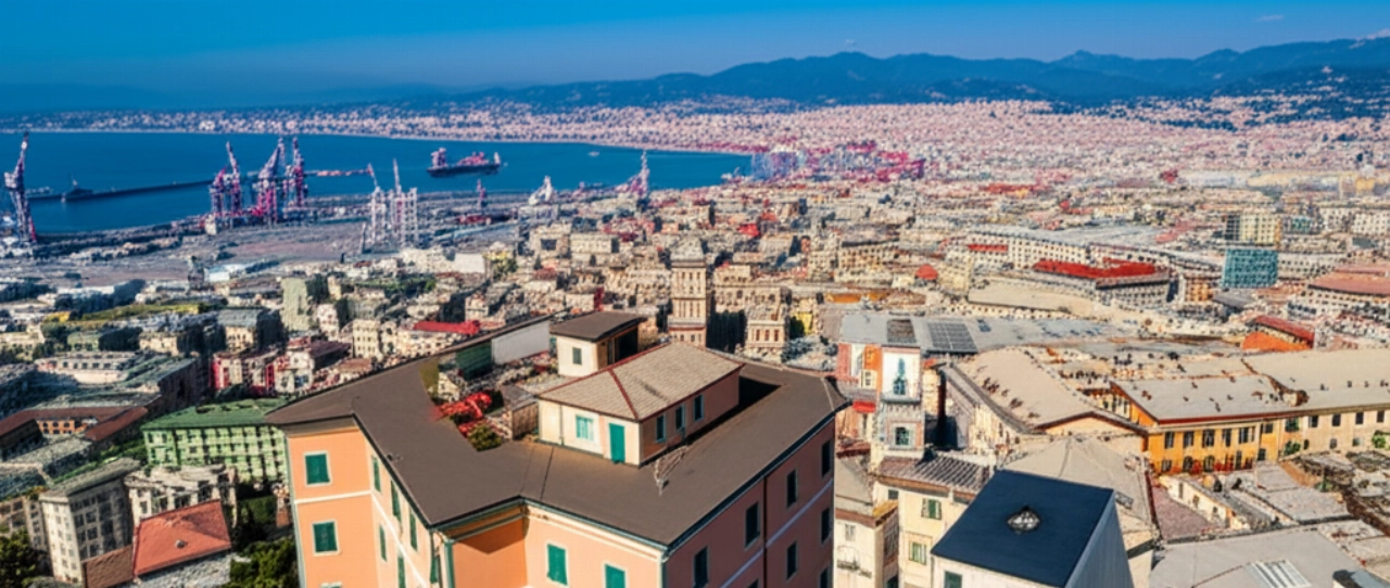 Vista aérea hiperrealista de un camión de mudanzas estacionado en Génova, con la ciudad, el puerto y la costa de Liguria al fondo.