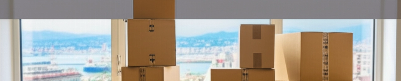 Cajas de mudanza apiladas y organizadas dentro de un apartamento luminoso en Génova, con una vista panorámica de la ciudad desde la ventana.