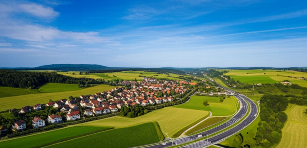 Atemberaubende Luftaufnahme einer deutschen Landschaft mit Autobahn und traditionellem Dorf.