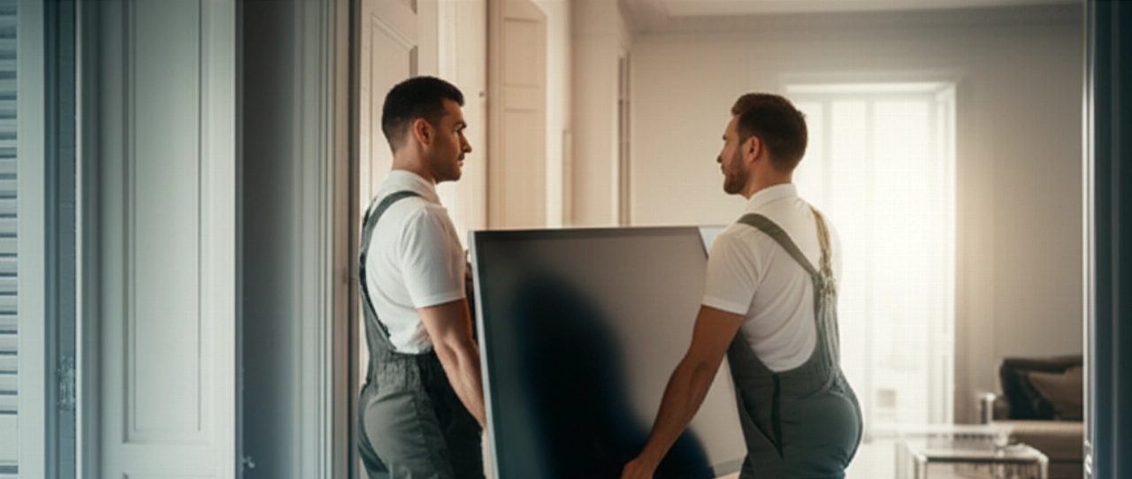 Two professional Caucasian movers carefully carrying a TV in a modern apartment.