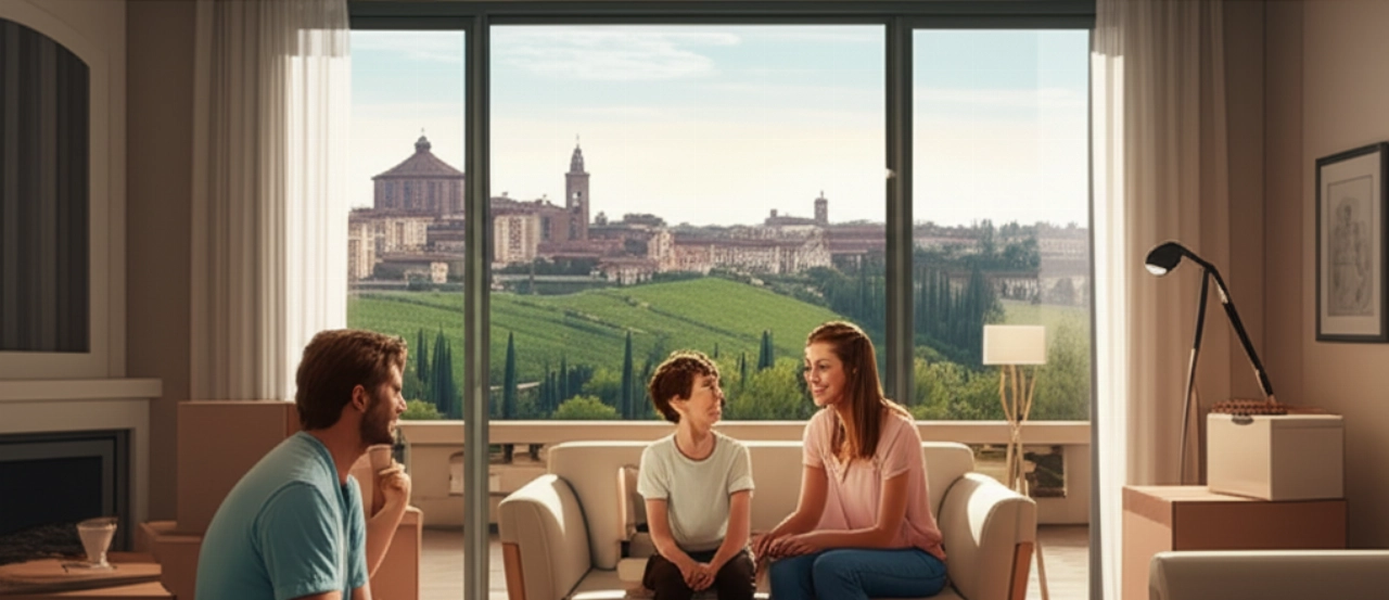 Happy Caucasian family in a new Italian home with a panoramic city or countryside view.