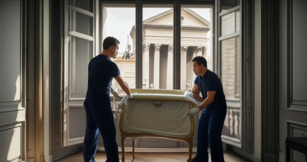 Professionelle Umzugshelfer verpacken Möbel in einer eleganten römischen Wohnung mit Stadtblick.