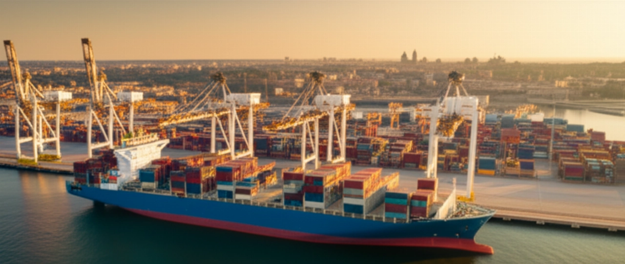 Luftaufnahme eines Containerhafens bei Sonnenuntergang mit Frachtschiff und Roms Silhouette am Horizont.