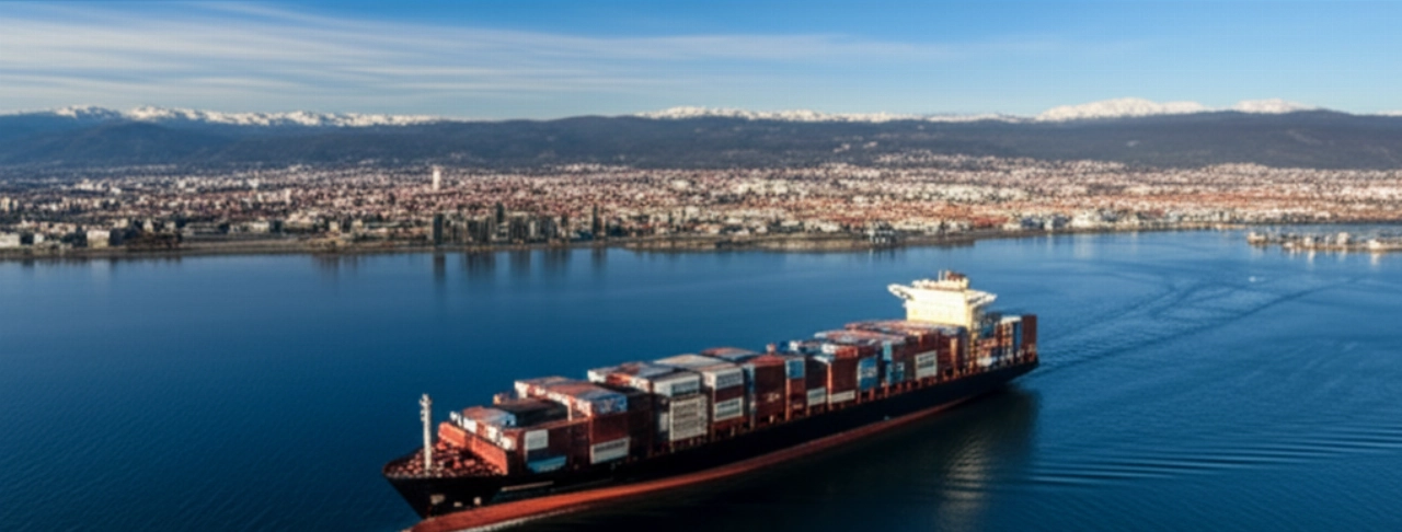 Hyperrealistische Luftaufnahme eines Containerschiffs, das sich Turin nähert, mit der Stadt und den Alpen im Hintergrund, als Symbol für einen internationalen Umzug.