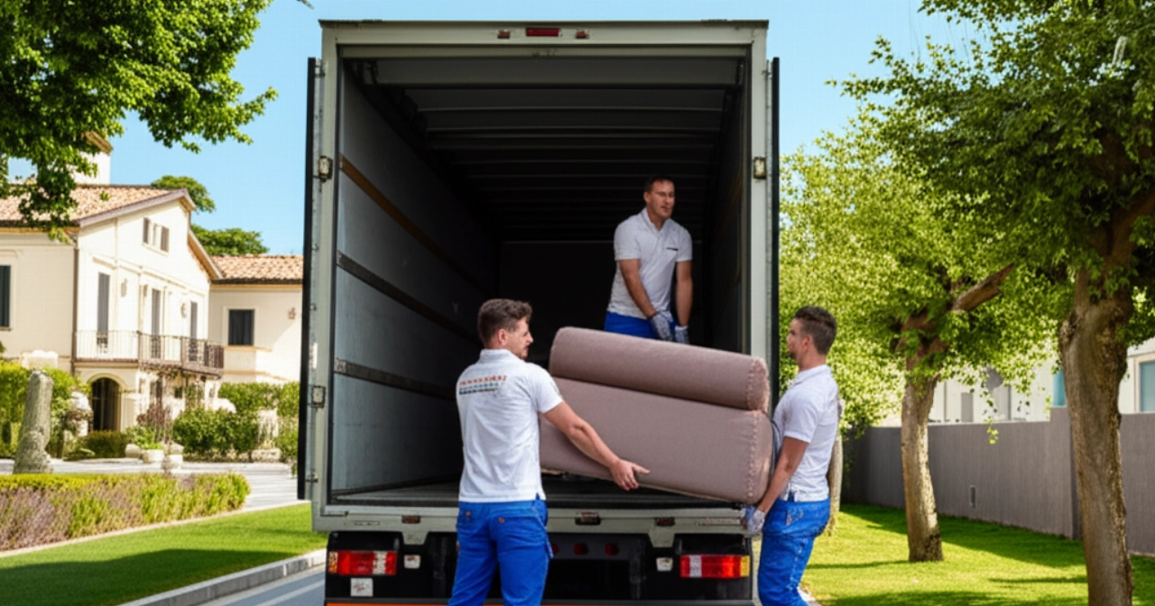Traslocatori caucasici professionisti caricano mobili in un camion di traslochi davanti a una villa italiana.
