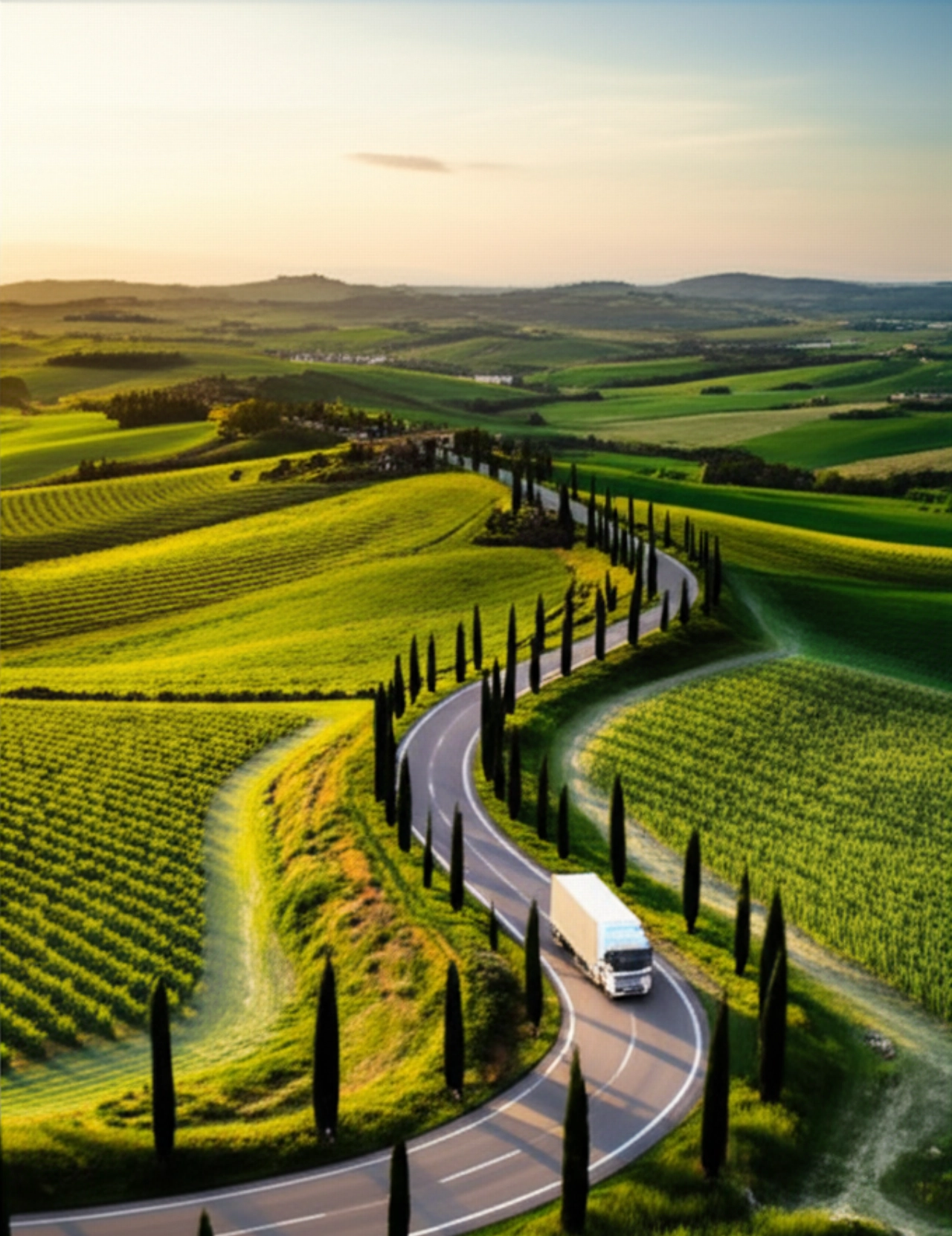 Vista aerea iperrealistica di un camion di traslochi che percorre una strada panoramica tra le colline toscane.