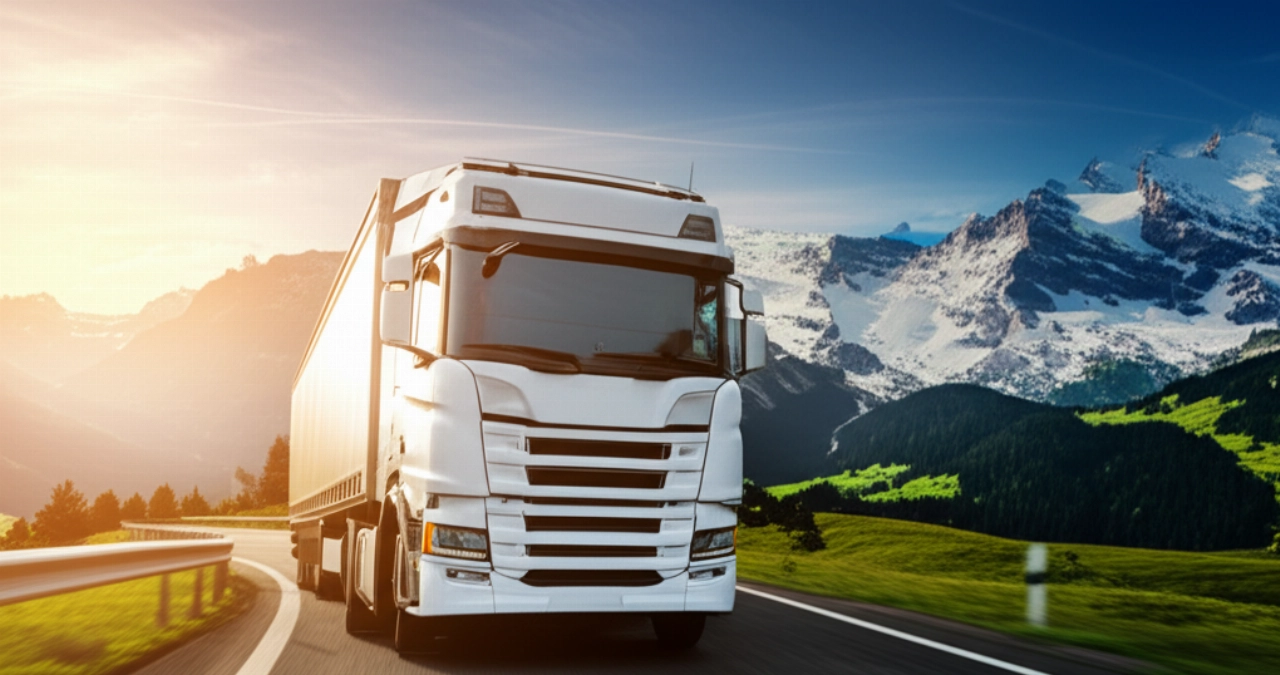 Modern moving truck traversing the Alps at sunset, symbolizing a journey between Italy and Luxembourg.