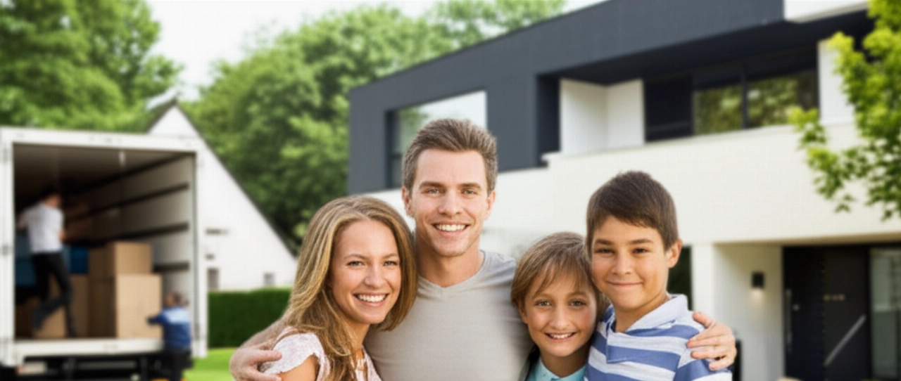 Happy Caucasian family in front of their new home in Luxembourg with a moving truck, representing arrival.