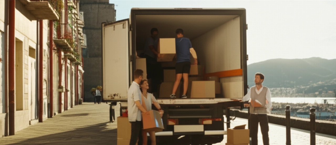 A moving truck parked on a sunny street in La Spezia, with a smiling Caucasian couple and movers unloading, against a backdrop of local architecture.