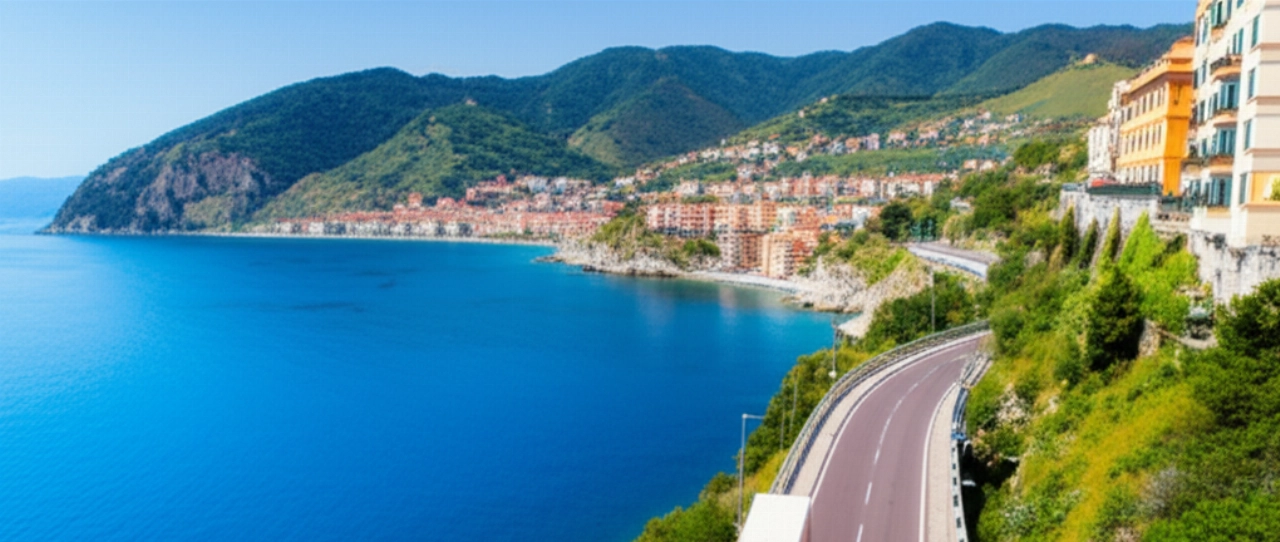 Hyperrealistic aerial view of a moving truck driving on a coastal road in La Spezia, with the blue sea and green hills in the background.