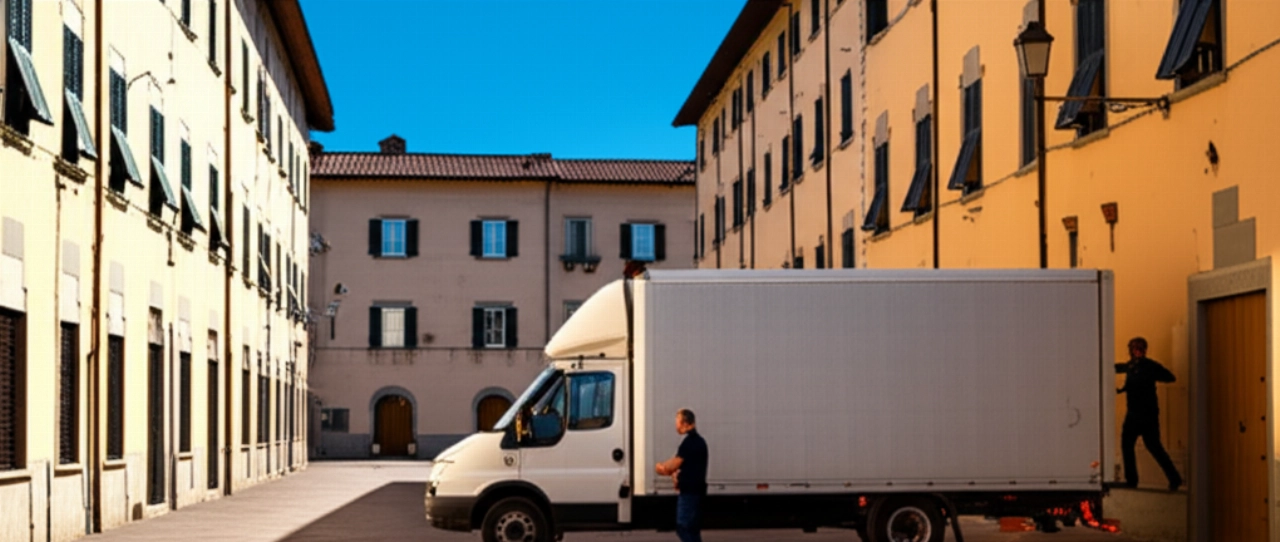 Un camión de mudanzas moderno estacionado en una calle histórica de Lucca, con un operador caucásico cerrando la puerta trasera. Imagen hiperrealista.