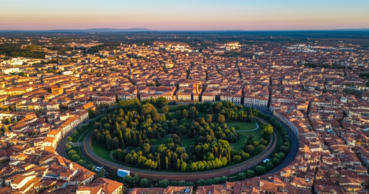 Vista aérea hiperrealista del centro histórico de Lucca con sus murallas, y un camión de mudanzas a lo lejos. Simbolizando servicios de mudanza.