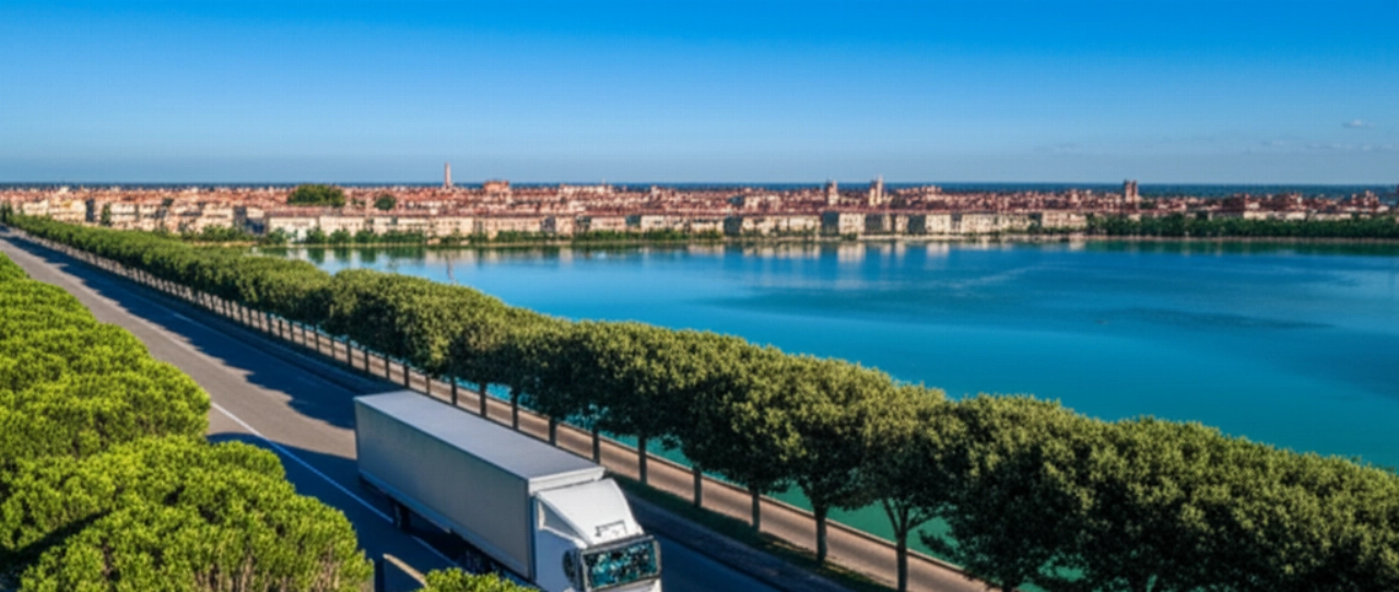 Vista aerea iperrealistica di un camion per traslochi su una strada, con Mantova e i suoi laghi sullo sfondo.