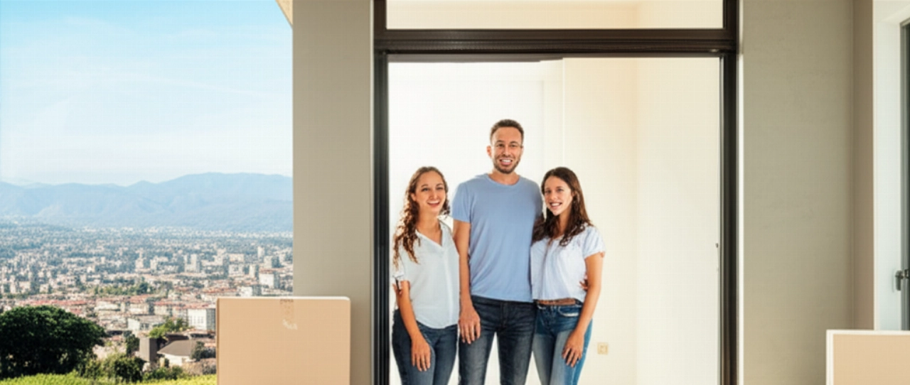 Hyperrealistic image of a happy Caucasian family smiling in front of their new home in Moncalieri, with moving boxes and a scenic view of the city and surrounding hills under bright sunlight.