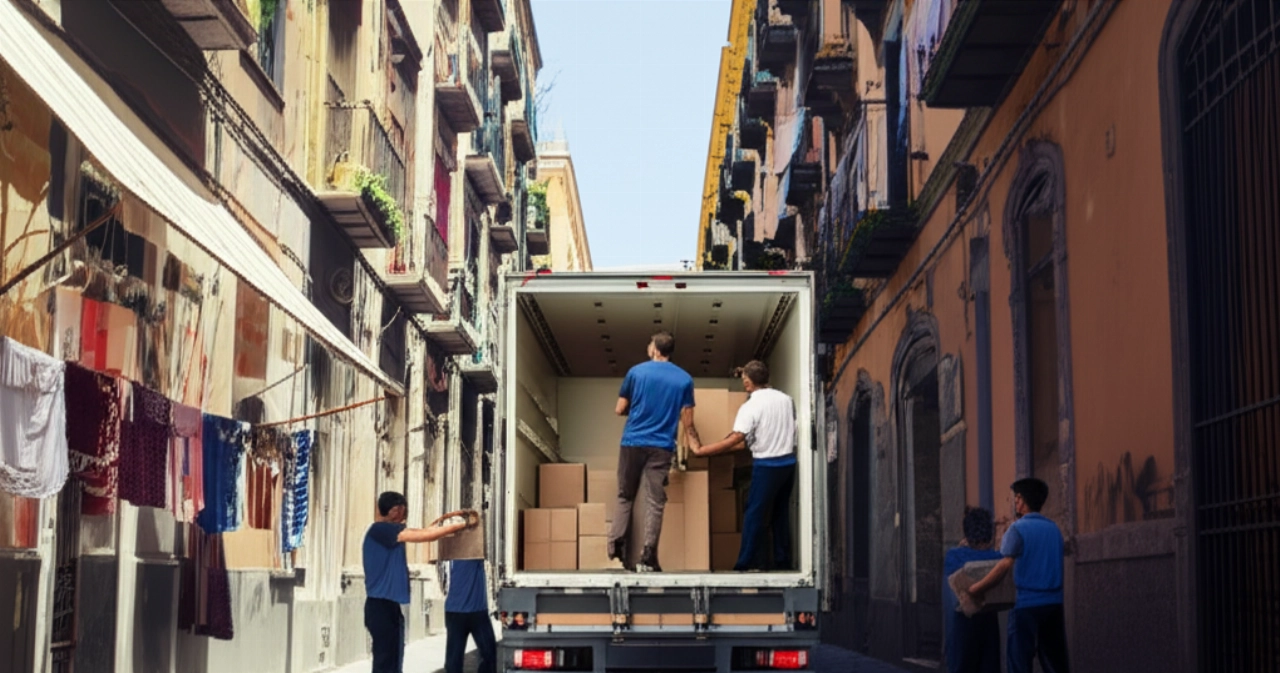 A large moving truck parked on a narrow historic street in Naples, with Caucasian movers loading boxes.