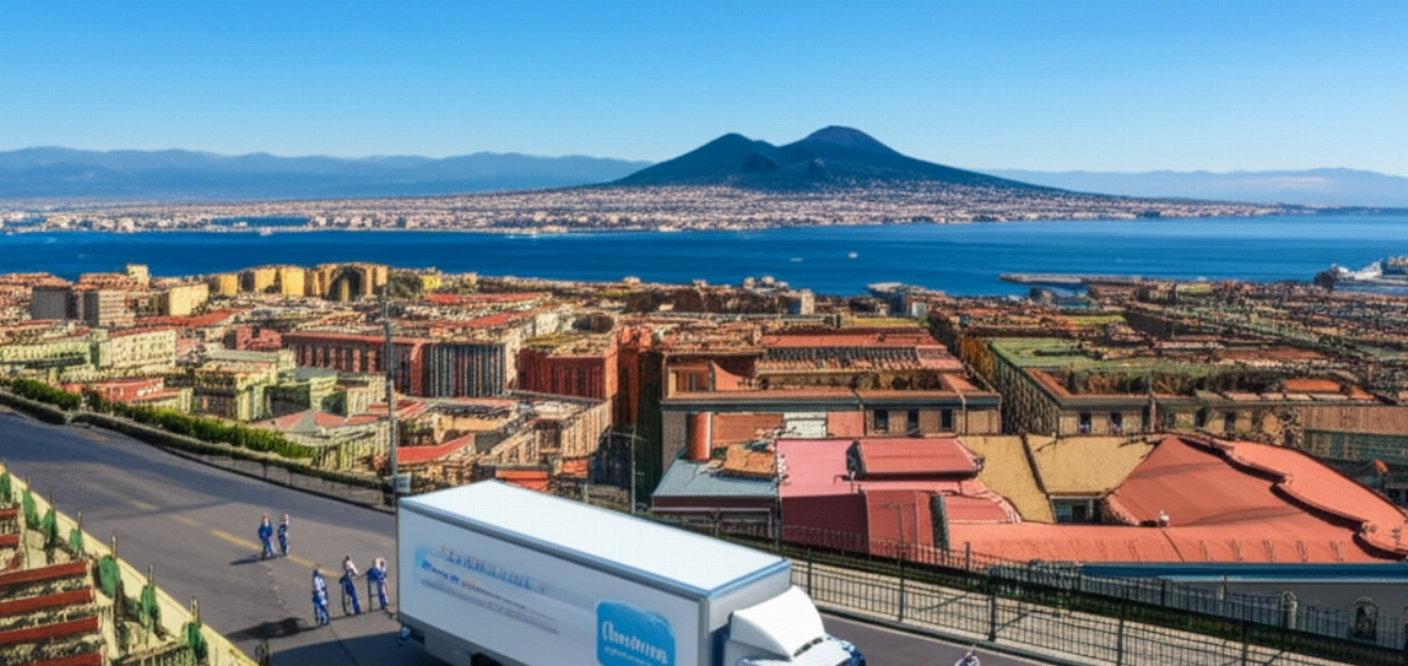 Hyperrealistic aerial view of a moving operation in Naples, featuring a truck, the Bay, and Vesuvius in the background.